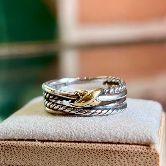 DAVID YURMAN X Cross Over 925 Sterling Silver 18K Gold Two Tone Ring SZ6.5 - Picture 1 of 7